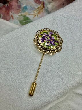 Vintage Petit Point  Gold-Tone Stick Pin - Purple & Green
